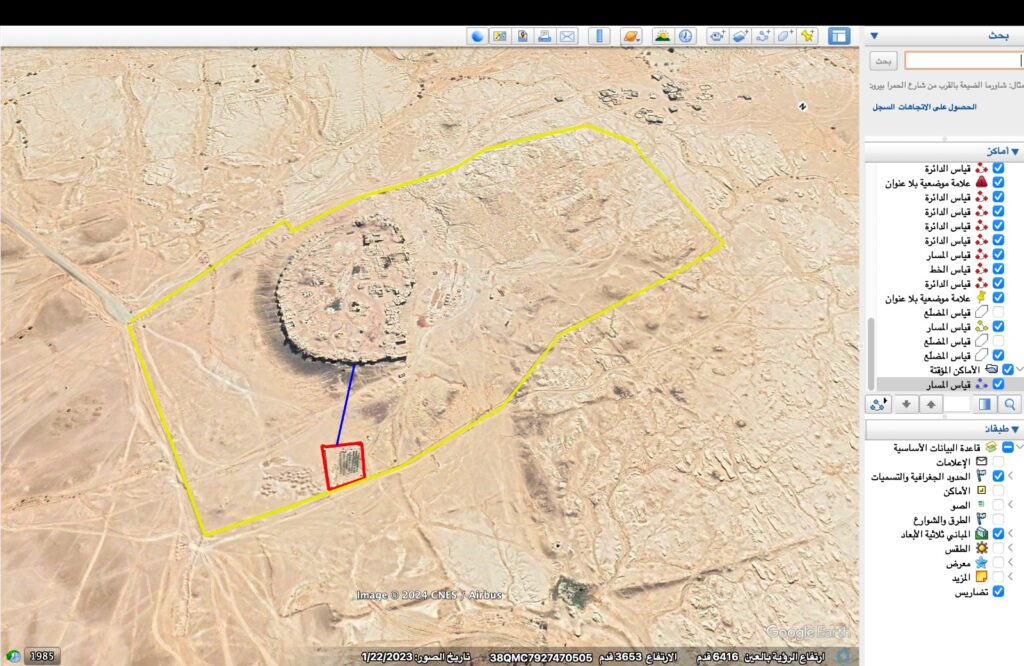 صورة جوية توضح مساحة المقبرة داخل حرام مدينة براقش وبعد المقبرة عن سور المدينة الأثرية